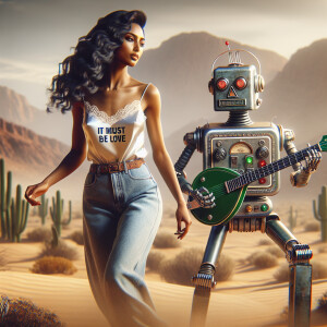 Photorealistic. A stunning 23-year-old woman dances with a retro...