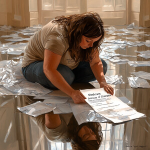 Generate an image of a weary, full-figured woman with brown hair...