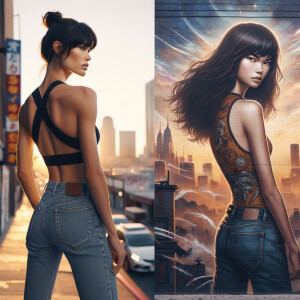 Athletic Thin skinny Attractive, Asian teenage girl, long brown hair and bangs, wearing tight skinny jeans and a halter top paint marks on her clothing, heroic pose Asian graffiti background, backside view