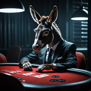 Anthropomorphic donkey sitting at a poker table