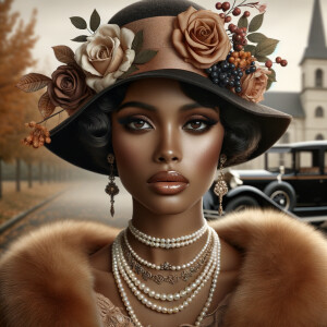 Create an image of a sophisticated woman with dark skin, wearing...