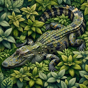 Create an image of an alligator with a variegated skin pattern,...