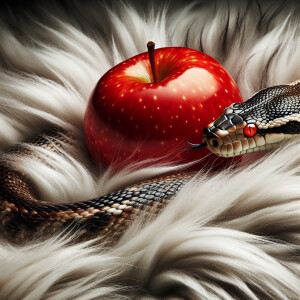 A red apple rests on a carpet of fluffy white hair, with a snake...