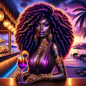 A digital airbrushed highly detailed, realistic stunning, confident Afro Latina woman with long voluminous deep purple curls, sitting at a luxurious tropical beachside bar at sunset. She wears a shimmering, form-fitting purple dress with gold embellishments, intricate jewelry, & elegant tattoos. Holding a vibrant cocktail garnished with an orange slice, she exudes mystery & allure. Background is a beautifully lit tiki-style bar with bottles of exotic liquors, glowing lanterns, palm trees, & a serene ocean view. The ambiance is sultry & glamorous, blending rich purples, warm golden lights, & deep tropical blues.