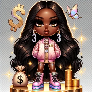 A high-resolution, ultra-glossy chibi-style African American wom...