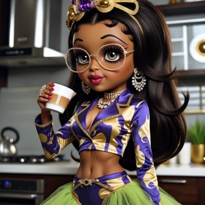 Dark brown African American Betty Boop with long hair, hazelnut...