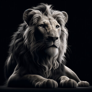 A hyper-ultra-photorealistic portrait of a lion in a peaceful, contemplative pose, with its eyes wide open. The subtle lighting accentuates the soft fur texture and serene expression against a minimalist black background. Created Using: precision in capturing the softness of the fur, subtle shadow play for depth, serene mood, glibatree prompt, emphasis on the tranquil aspect of the lion's demeanor, high contrast to emphasize form and detail, minimalist aesthetic for focus --ar 1:1