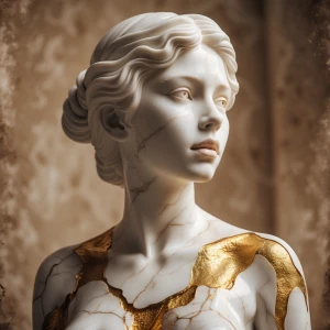 A feminine statue carved from ultra-polished white marble, but w...