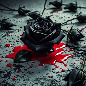 Black rose strewn onto cement and red blood fallen on the rose a...