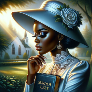 Render an airbrush oil painting of an African American woman with flawless makeup in a
contemplative pose, holding a Bible close to her heart, dressed in an elegant Sunday Best
outfit with a distinctive Church Hat. The background features a peaceful church garden,
with light filtering through the trees, highlighting her spiritual connection and the personal
moment of reflection. The artwork should capture the tranquility of the scene, the beauty
of her attire, and the depth of her contemplation, reflecting a serene and spiritually