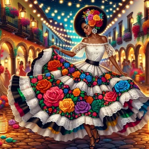 A detailed digital watercolor  illustration of a beautiful Afro Latina woman in a vibrant traditional Mexican folkloric dress dances gracefully in a lively, festive street. The dress has an off-shoulder white lace top and a voluminous, multicolored skirt adorned with intricate floral embroidery, bold roses, & detailed patterns. Her dark hair is elegantly styled in an updo, decorated with bright flowers matching her dress. Background showcases a picturesque colonial-style town illuminated by warm, glowing lanterns & string lights. The cobblestone street is lined with flower-filled balconies & lampposts, with people enjoying the festive atmosphere. The setting exudes a magical, celebratory ambiance, rich in color & culture.