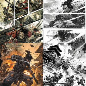 Create a Manga 4 page panel of Ninjas fighting samurai's.
