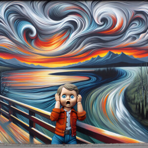 Chucky,vivid expression of surprise and anxiety, standing on a b...