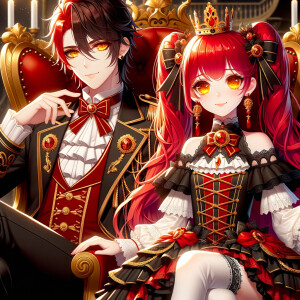 Lilith as a girl with elegant gothic lolita dress sit beside handsome lucifer, the girl has red hair and golden eyes, thrones