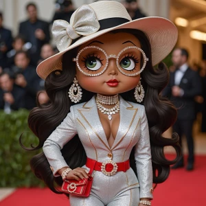 Betty Boop with dark chocolate brown skin, and long wavy hair is...