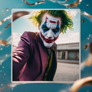 Joker , directly engaging with the viewer as if taking a selfie,...