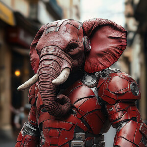 An anthropomorphic elephant  dressed in a fitted ironman costume...