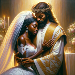 Imagine a hyper-realistic oil painting that captures a tender moment between theAfrican American bride and her God. The setting is intimate and filled with soft, warm lighting that enhances the emotional depth of the scene. The bride, in herexquisite wedding gown, shares a heartfelt embrace with her african-American Lord Jesus , who is dressedin an elegant outfit that complements the wedding's color scheme. Their expressions are full of love, pride, and joy, reflecting the special bond between them. Theattention to detail is paramount, from the intricate designs of their dresses to the subtle emotions conveyed in their facial expressions. The background is a blur ofgentle pastel hues, ensuring that the focus remains on this touching moment. Thispainting should convey the warmth, love, and depth of the relationship, with the rich textures and vibrant strokes characteristic of oil paintings, capturing the essence of this significant pre-wedding moment.