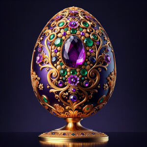 Create an image of an exquisite egg-shaped object, oriented to face the viewer head-on. The design should feature a deep purple base adorned with opulent gold filigree, floral patterns, and encrusted with various jewels such as emeralds, sapphires, and a prominent amethyst. The egg stands regally on a gold pedestal, gleaming with reflective elegance. Its intricate details and rich colors should convey a sense of luxury and royal splendor.