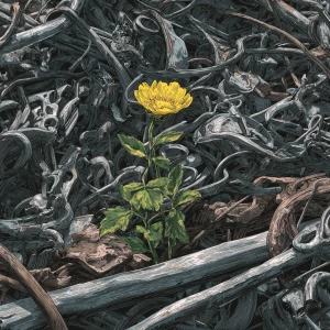 Metal debris around one small flower with green stem and yellow...