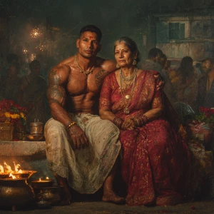 Realism, photo painting.a muscular beefy sweaty tattoed indian m...