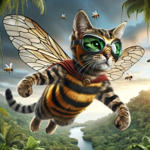 Generate an image of a tabby cat equipped with bee-like wings an...