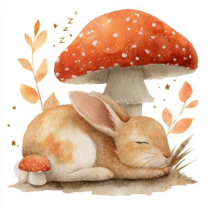 Warm earth tones rabbit sleeping under mushroom, soft watercolor...