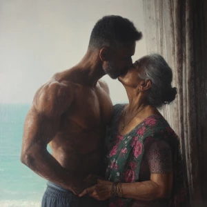 Hyperrealism painting.a muscular sweaty indian man standing in...