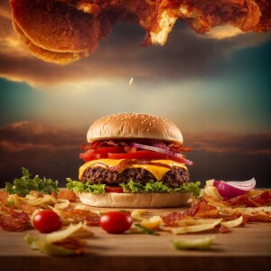 Create an image of a double cheeseburger with bacon top with oni...