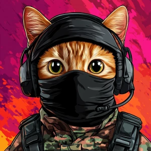 A wide-eyed ginger cat wearing a black tactical balaclava (or ma...