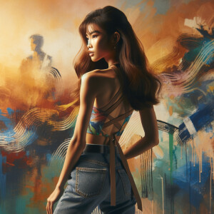 Athletic Thin skinny Attractive, Asian teenage girl, long brown hair and bangs, wearing tight skinny jeans and a halter top paint marks on her clothing, heroic pose Asian graffiti background, backside view