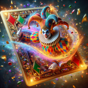 Create a vibrant, photorealistic image of a Harlequin playing ca...