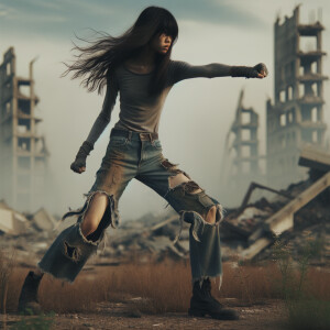 Skinny and thin Asian teen girl wearing skin tight jeans that are worn and frayed, long hair and bangs heroic ready to fight stance