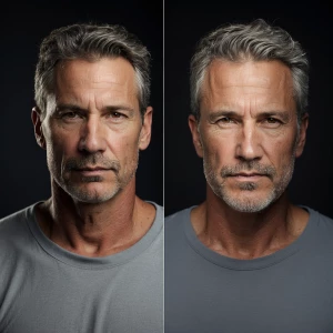Create a side-by-side close up image of a man in his mid-forties...
