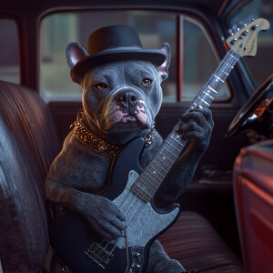 Blue pittbull dog playing bass guitar witj black spotted in a ca...