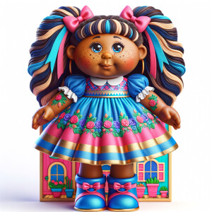 Design a 3-D realistic original African-American Cabbage Patch doll. She has on a blue pink and gold dress with matching booties. She has pink and blue bows in her hair. she lives inside of a colorful dollhouse. She has freckles and big dimples.