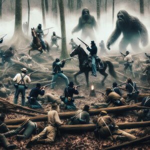 A civil war scene with the north and south fighting and a few hu...