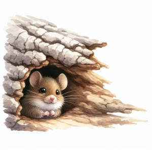 Cute mouse peeking out of a small opening of a tree, watercolor,...