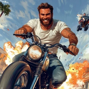 White muscular thin man with beard, big chin, smile and cheekbon...