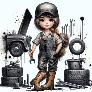 airbrush whimsical girl with long brown air in a pig tail with a...