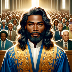 Illustrate an inspiring African-American Jesus crust with a dign...