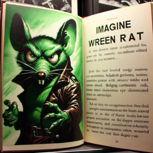 An evil cartoonish green rat with bulging eyes, wearong leather...