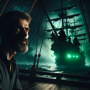 A man from a ship looks at a pirate ship at night, on which blac...