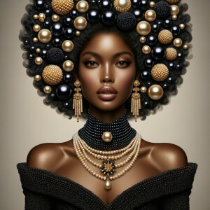 Imagine a digital portrait of a light skinned African-American Latino regal woman named KAREN Her attire and accessories are exclusively adorned with black and gold pearls. They grace her voluminous hair, styled in an elegant updo, where the black pearls form the roots and the gold pearls create the stunning curls. Her ears boast chandelier earrings, with black pearls clustered at the top, transitioning to gold pearls that dangle with delicate grace. Around her neck, a tiered necklace cascades with strands of alternating black and gold pearls, reflecting a sophisticated contrast.

Her shoulders are draped with a luxurious off-shoulder gown, the fabric's weave incorporating intricate patterns formed by black and gold pearls. The gown's texture has a subtle sheen, suggesting a high-quality material with a pearlescent finish. As a centerpiece, a grand brooch sits at her collar, with a large gold pearl surrounded by an elaborate design of smaller black pearls.

The background of the portrait features an abstract composition of floating pearls, swirling in a dance of shadows and light, emphasizing the color theme of black and gold. The name "KAREN" is discreetly integrated into the lower right corner of the artwork, blending seamlessly with the design, as if it were a signature part of the jewelry ensemble. The overall effect is one of timeless elegance, a blend of modern design and classic beauty, all tied together by the luxurious palette of black and gold.