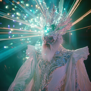 a white wizard with grotesquely elaborate clothing, with light b...