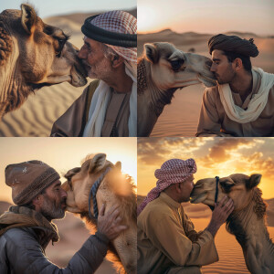 man kissing camel in the desert