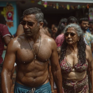 Realism photo art,a muscular beefy kerela son in law walking ,wi...