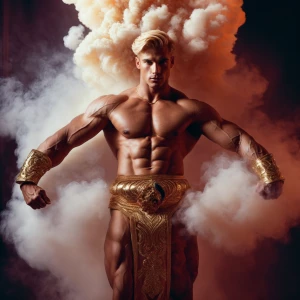 Create an image of a blond, muscular male genie with a bodybuild...