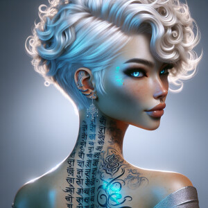 Platinum blonde Kahlan Amnell, mantra-scripted blue tattoo traci...