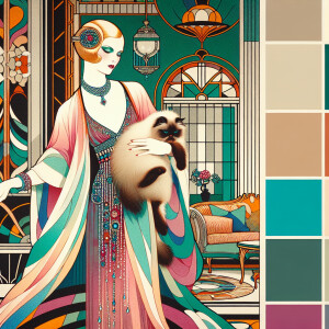An erté type of drawing in color with the woman holding a cat
